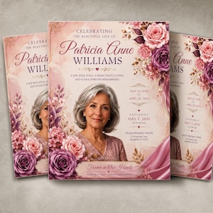 Può includere: Un modello di programma funebre con il ritratto di una donna dai capelli grigi, circondato da rose acquerellate rosa e viola. Il testo recita: Celebrating the beautiful life of Patricia Anne Williams, May 12, 1948 to April 20, 2026.