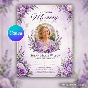 Pode incluir: Um programa de serviço memorial com um retrato de Susan Marie Wilson emoldurado por rosas roxas e lavanda. O texto diz In Loving Memory, Susan Marie Wilson, 12 de junho de 1948 - 8 de maio de 2024, e detalhes do serviço na Grace Community Church.