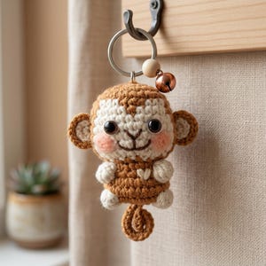 Pode incluir: Um porta-chaves de macaco em croché com corpo de fio castanho e creme, grandes olhos de plástico preto, bochechas bordadas a rosa e um pequeno detalhe de coração no peito. O macaco está pendurado num anel de metal prateado com uma conta de madeira e um pequeno sino de cobre.