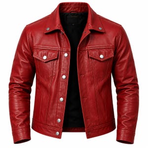 Puede incluir: Una chaqueta de cuero rojo brillante con cuello clásico, mangas largas y cierre frontal de botones. La prenda incluye dos bolsillos en el pecho con solapas abotonadas y botones de metal plateado, sobre un forro interior de color negro.