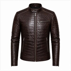 May include: A dark brown jacket featuring a textured crocodile skin pattern. The garment includes a stand-up collar with a single snap button, a full-length front zipper, two zippered side pockets, and one zippered chest pocket on the left side.