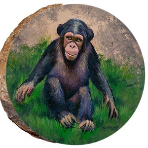 May include: A painting of a chimpanzee sitting in a grassy area. The chimpanzee is looking directly at the viewer with a curious expression. The painting is done in a realistic style with a focus on detail.