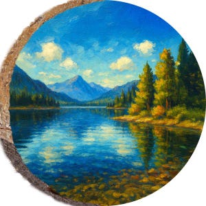 May include: Round wooden art piece featuring a landscape painting. The artwork depicts a serene lake surrounded by mountains and trees under a blue sky with fluffy clouds. The painting uses a textured, impressionistic style with vibrant colors.