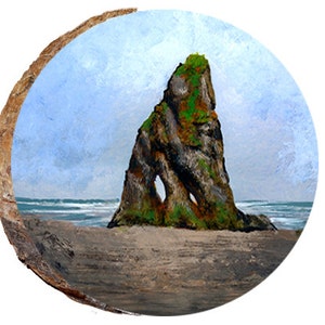May include: A painting of a tall, rocky sea stack with a green mossy top, standing on a sandy beach with waves crashing in the background. The sky is a light blue with white clouds.