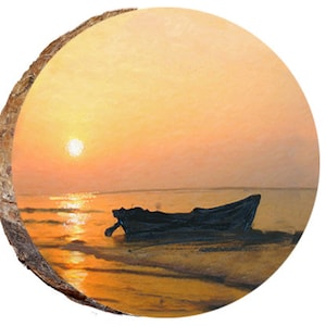 May include: A round wooden slice with a painting of a sunset over the ocean. A dark boat sits on the shore, with the sun setting in the distance. The painting is in shades of orange, yellow, and brown.