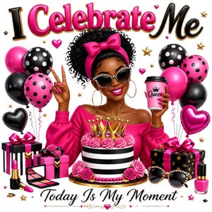 Può includere: Un'illustrazione digitale con il testo I Celebrate Me e Today Is My Moment. Una persona dalla pelle scura e capelli ricci indossa una fascia rosa, occhiali da sole e orecchini dorati. Tiene in mano una tazza rosa con scritto Queen e una torta.