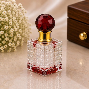 May include: A square glass perfume bottle with a textured grid pattern, featuring a gold-tone neck and a faceted, deep red spherical stopper. The base of the bottle is accented with a row of small, circular red glass embellishments.