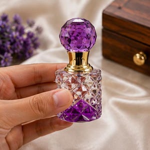 May include: A small, clear glass perfume bottle with a diamond-cut pattern and a purple tint at the base. The bottle features a gold-colored metal neck and a large, spherical, faceted purple glass stopper that reflects light.