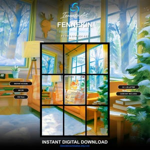 May include: A digital download set featuring a Fennekin collector extended art 9-card binder display. The graphic shows a cozy room with a snowy window view, a couch, and a Christmas tree. Text includes Instant Access, 300 DPI, PDF File, and Card Not Included.