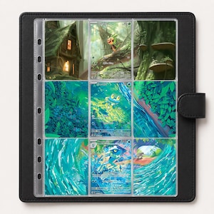 May include: A black leather-textured trading card binder featuring nine clear plastic pockets. The pockets contain three illustrated Pokémon cards, Chespin, Froakie, and Frogadier, surrounded by six matching decorative art cards with forest and water themes.