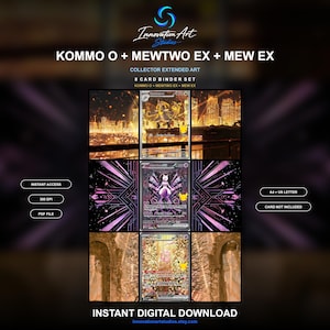 Può includere: Una collezione digitale di carte con arte estesa di Kommo-o, Mewtwo EX e Mew EX per un set di raccoglitori da 8 carte. La grafica include il testo Innovation Art Studios, Instant Access, 300 DPI, PDF File, A4 + US Letter e Instant Digital Download.