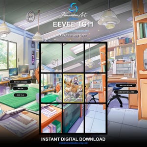 May include: A digital 8-card binder set titled EEVEE TG11 by Innovation Art Studios. The image features an anime-style office interior with desks, computers, and a central Eevee character card. Includes text: Instant Access, 300 DPI, PDF File, A4 + US Letter.