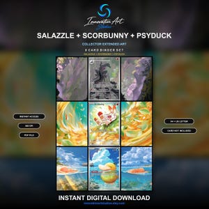 Könnte beinhalten: Ein digitales 8-Karten-Sammelordner-Set mit erweiterter Kunst, das Salazzle, Scorbunny und Psyduck zeigt. Das Set enthält Grafiken für Karten, gekennzeichnet als Sofortzugriff, 300 DPI, PDF-Datei, A4 + US-Letter und Sofort-Download.