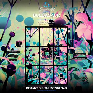 May include: A digital download set featuring a Bulbasaur collector extended art card binder display. The graphic includes the text Innovation Art Studios, Bulbasaur, Collector Extended Art, 9 Card Binder Set, Instant Access, 300 DPI, PDF File, A4 + US Letter, Card Not Included, and Instant Digital Download.