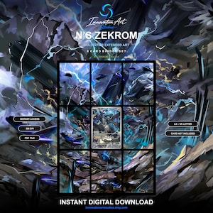 Può includere: Un set digitale di 8 carte per raccoglitore con arte estesa intitolato N's Zekrom. La grafica mostra un paesaggio scuro e tempestoso con fulmini blu e una carta Zekrom centrale. Testo: Instant Access, 300 DPI, PDF File, A4 + US Letter.