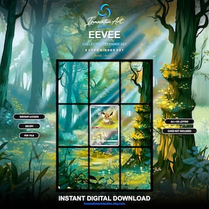 May include: An Eevee collector extended art 8 card binder set digital download. The graphic features a forest scene with a central Eevee card illustration, text reading Innovation Art, EEVEE, 300 DPI, PDF FILE, INSTANT ACCESS, A4 + US LETTER.