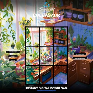 May include: A digital art print featuring a kitchen filled with numerous potted plants and a central Bulbasaur trading card. The image includes text such as Innovation Art Studios, BULBASAUR, INSTANT ACCESS, 300 DPI, PDF FILE, A4 + US LETTER, and CARD NOT INCLUDED.
