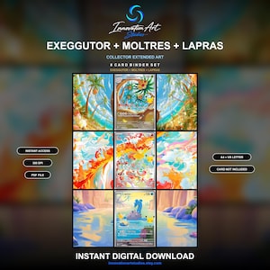 Może przedstawiać: Cyfrowy zestaw 8 kart kolekcjonerskich z rozszerzoną grafiką przedstawiający Exeggutor, Moltres i Lapras. Zawiera etykiety tekstowe instant access, 300 DPI, PDF file, A4 + US letter oraz card not included. Ilustracje prezentują żywe sceny.
