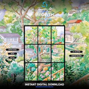 May include: A digital 3-card binder set titled MEOWTH featuring a watercolour-style illustration of a cat character in a tree surrounded by houses and greenery. The image includes text labels like INSTANT ACCESS, 300 DPI, PDF FILE, A4 + US LETTER, and CARD NOT INCLUDED. The bottom text reads INSTANT DIGITAL DOWNLOAD and innovationartstudios.etsy.com.