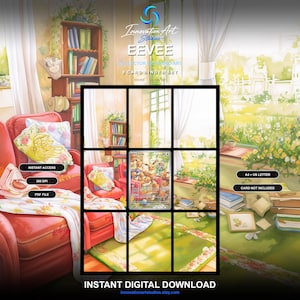 May include: A digital collector binder set for Eevee cards featuring an illustration of a cozy room with a red armchair, bookshelves, and a sunny garden view. The graphic includes text reading Innovation Art Studios, EEVEE, and Instant Digital Download.