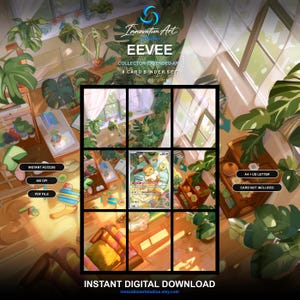 May include: A digital Eevee collector extended art 8 card binder set featuring an illustration of a sunlit room filled with potted plants. The image includes text labels such as Innovation Art, Eevee, Collector Extended Art, 8 Card Binder Set, Instant Access, 300 DPI, PDF File, A4 + US Letter, Card Not Included, and Instant Digital Download.