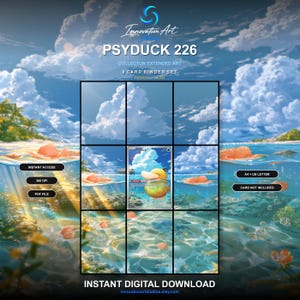 Könnte beinhalten: Ein 8-Karten-Binder-Set mit Psyduck 226 Extended Art. Das Design zeigt eine tropische Strandszene mit geteilter Ansicht von Himmel und Unterwasserkorallen. Der Text umfasst Innovation Art, PSYDUCK 226, COLLECTOR EXTENDED ART, 8 CARD BINDER SET, INSTANT ACCESS, 300 DPI, PDF FILE, A4 + US LETTER, CARD NOT INCLUDED und INSTANT DIGITAL DOWNLOAD.