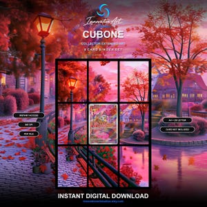 May include: A digital download set featuring a Cubone collector extended art 8 card binder set. The image displays a grid of nine panels showing a vibrant autumn park scene with red trees, a street lamp, and a bridge, with text overlays.