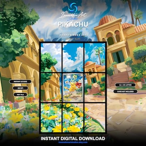Peut inclure: Un ensemble de 9 cartes classeur numérique Pikachu présentant un personnage jaune et d'autres créatures dans un décor de ville méditerranéenne avec des fleurs jaunes, des bâtiments en pierre et un ciel bleu. Texte : Innovation Art Studies, PIKACHU, INSTANT DIGITAL DOWNLOAD.
