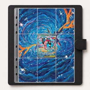 May include: A black trading card binder featuring a nine-pocket clear plastic page insert. The page displays a vibrant blue and orange swirling cosmic background with a single Mega Greninja EX trading card centered in the middle pocket.