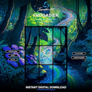 May include: A digital download set featuring the text FROGADIER, COLLECTOR EXTENDED ART, 9 CARD BINDER SET, INSTANT ACCESS, 300 DPI, PDF FILE, A4 + US LETTER, CARD NOT INCLUDED, and INSTANT DIGITAL DOWNLOAD against a vibrant jungle stream background.