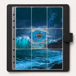 May include: A black trading card binder featuring a nine-pocket clear plastic page. The page displays a single Claydol Pokémon card centred over a continuous, panoramic illustration of a dark blue ocean wave at night under a starry sky.