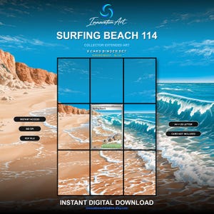 Puede incluir: Un conjunto digital de 8 cartas coleccionables Surfing Beach 114 con arte extendido, que muestra una playa con olas azules, arena y acantilados. El diseño incluye una carta central de Surfing Beach y paneles de cuadrícula para imprimir.