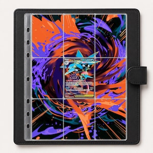 May include: A black trading card binder featuring a nine-pocket clear plastic page insert. The background behind the pockets displays a vibrant orange and purple abstract graphic. A single Mega Greninja trading card is centered in the middle slot.