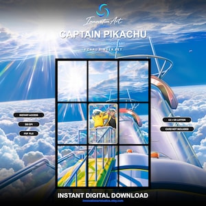 May include: A digital Captain Pikachu 9-card binder set featuring a bright blue sky and cloud background. The design includes the text Innovation Art Studios, Captain Pikachu, 8 Card Binder Set, Instant Access, 300 DPI, PDF File, A4 + US Letter.