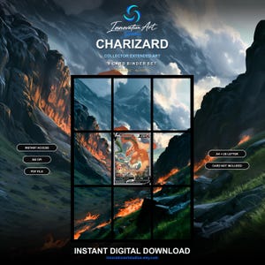 Könnte beinhalten: Ein digitales Charizard-Sammelkarten-Set mit 9 Karten in erweiterter Kunstform vor einer Berglandschaft. Der Text umfasst Innovation Art Studios, CHARIZARD, COLLECTOR EXTENDED ART, 9 CARD BINDER SET, INSTANT ACCESS, 300 DPI, PDF FILE, A4 + US LETTER, CARD NOT INCLUDED, INSTANT DIGITAL DOWNLOAD.