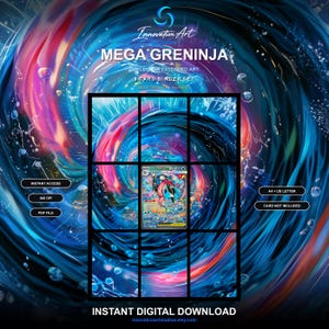 May include: A digital Mega Greninja collector extended art 8-card binder set featuring a central trading card graphic. The background displays a swirling blue and red vortex with bubbles. Text includes "MEGA GRENINJA", "INSTANT ACCESS", "300 DPI", "PDF FILE", "A4 + US LETTER", "CARD NOT INCLUDED", and "INSTANT DIGITAL DOWNLOAD".