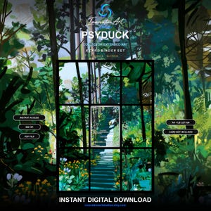 Könnte beinhalten: Ein digitales Download-Set mit einem Psyduck-Sammelkartenordner-Design mit erweiterter Kunst. Das Bild zeigt einen üppigen grünen Wald mit einer Steintreppe. Der Text umfasst Innovation Art, Psyduck, Collector Extended Art & Card Binder Set, Instant Access, 300 DPI, PDF File, A4 + US Letter, Card Not Included und Instant Digital Download.