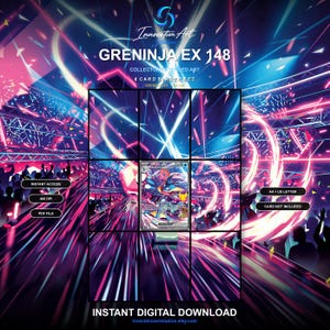 May include: A digital 8-card binder set featuring Greninja EX 148 collector extended art. The graphic displays a vibrant concert scene with neon blue and pink light streaks, silhouettes of a crowd, and the text Innovation Art Studios.