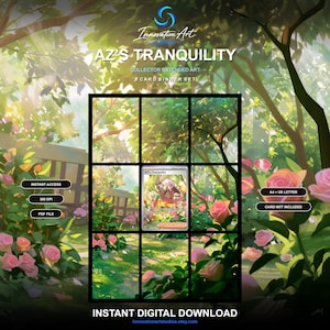 Può includere: Un set di download digitale intitolato AZ'S TRANQUILITY COLLECTOR EXTENDED ART 9 CARD BINDER SET. La grafica presenta un'illustrazione centrale di una carta collezionabile circondata da una griglia, su uno sfondo di rose rosa e alberi verdi.