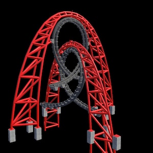 Può includere: Un modello digitale 3D di un binario per montagne russe con una struttura di supporto in acciaio rosso brillante dal design a traliccio. Il binario è grigio scuro e forma un complesso motivo a loop intrecciato su blocchi di base grigi.