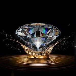 Könnte beinhalten: Ein großer, facettierter, klarer Diamant mit scharfen geometrischen Kanten und interner Lichtbrechung, der direkt über einem goldenen Flüssigkeitsspritzer schwebt, welcher konzentrische Wellen auf einem schwarzen Hintergrund erzeugt.