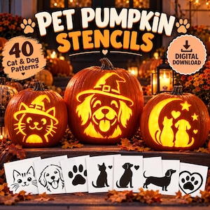 May include: A digital download set of 40 pet pumpkin stencils featuring cat and dog patterns. The image displays three carved pumpkins with a cat in a witch hat, a dog in a witch hat, and a cat and dog silhouette with a moon and stars.
