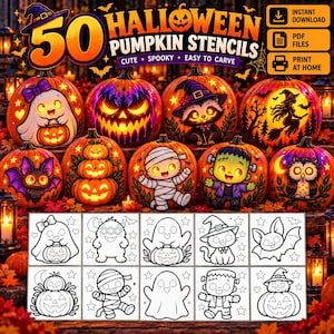 May include: A digital collection of 50 Halloween pumpkin stencils featuring various designs like ghosts, bats, mummies, and witches. The image displays several carved pumpkins illuminated from within and a grid of black and white line art patterns.