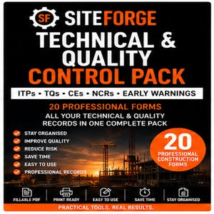 Può includere: Un grafico informativo nero e arancione per un pacchetto di controllo tecnico e qualità SiteForge. Elenca 20 moduli di costruzione professionali, inclusi ITP, TQ, CE, NCR e avvisi precoci, con una silhouette di un cantiere al tramonto.