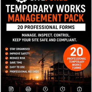 Könnte beinhalten: Ein schwarz-oranges digitales Dokument mit dem Titel SITEFORGE TEMPORARY WORKS MANAGEMENT PACK mit 20 professionellen Formularen. Die Grafik zeigt eine Baustelle bei Sonnenuntergang, eine Liste mit Vorteilen und Symbole für PDF und Druck.