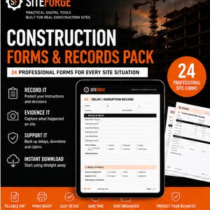 Peut inclure: Un pack de formulaires et registres de construction numériques SiteForge comprenant 24 modèles professionnels. Le graphique promotionnel noir et orange présente une tablette affichant un formulaire de retard ainsi que des exemples imprimés.