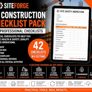Könnte beinhalten: Ein digitales SiteForge 42 Bau-Checklisten-Paket mit 42 professionellen Checklisten in 8 Abschnitten. Das Dokument enthält ein ausfüllbares PDF-Formular für Baustellensicherheitsinspektionen, das nach Kategorien wie Gesundheit und Sicherheit geordnet ist.