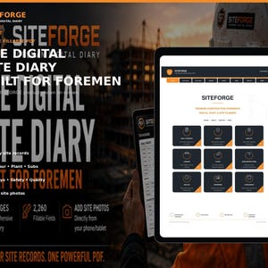 Op de afbeelding: Een digitaal bouwplaatsdagboek in PDF-formaat voor uitvoerders, weergegeven op een tabletscherm. De interface bevat een dashboard met iconen voor dagelijkse controle, veiligheid, kwaliteit, arbeid, materieel, onderaannemers en logistiek.
