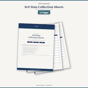 Może przedstawiać: Zestaw 12 wypełnialnych i drukowalnych arkuszy zbierania danych SLP w formacie PDF. Dokument posiada ciemnoniebieski nagłówek z tekstem IEP Caseload i SLP Data Collection Sheets oraz listy punktowane do śledzenia danych logopedycznych.