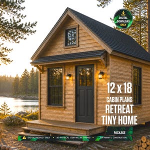 Puede incluir: Una pequeña cabaña de madera con techo de tejas oscuras, un porche delantero y ventanas y puertas con marcos negros. El texto 12 x 18 CABIN PLANS RETREAT TINY HOME aparece a la derecha, con un icono de descarga digital en la esquina superior.